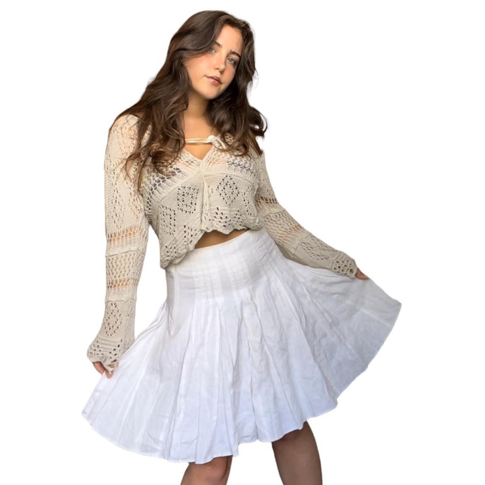 Vintage Y2K Linen Tennis Fairy Skirt in White Pleated Midi Size 0